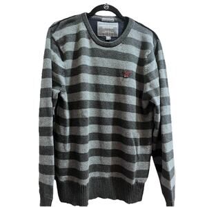 American Eagle Sweater Men's XL Gray Striped Heavy Knit Ribbed Crewneck Retro